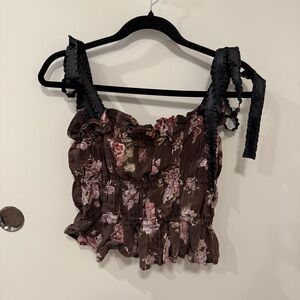 H&M x Brock Collection Brown Floral Lyocell Tie Top Size M